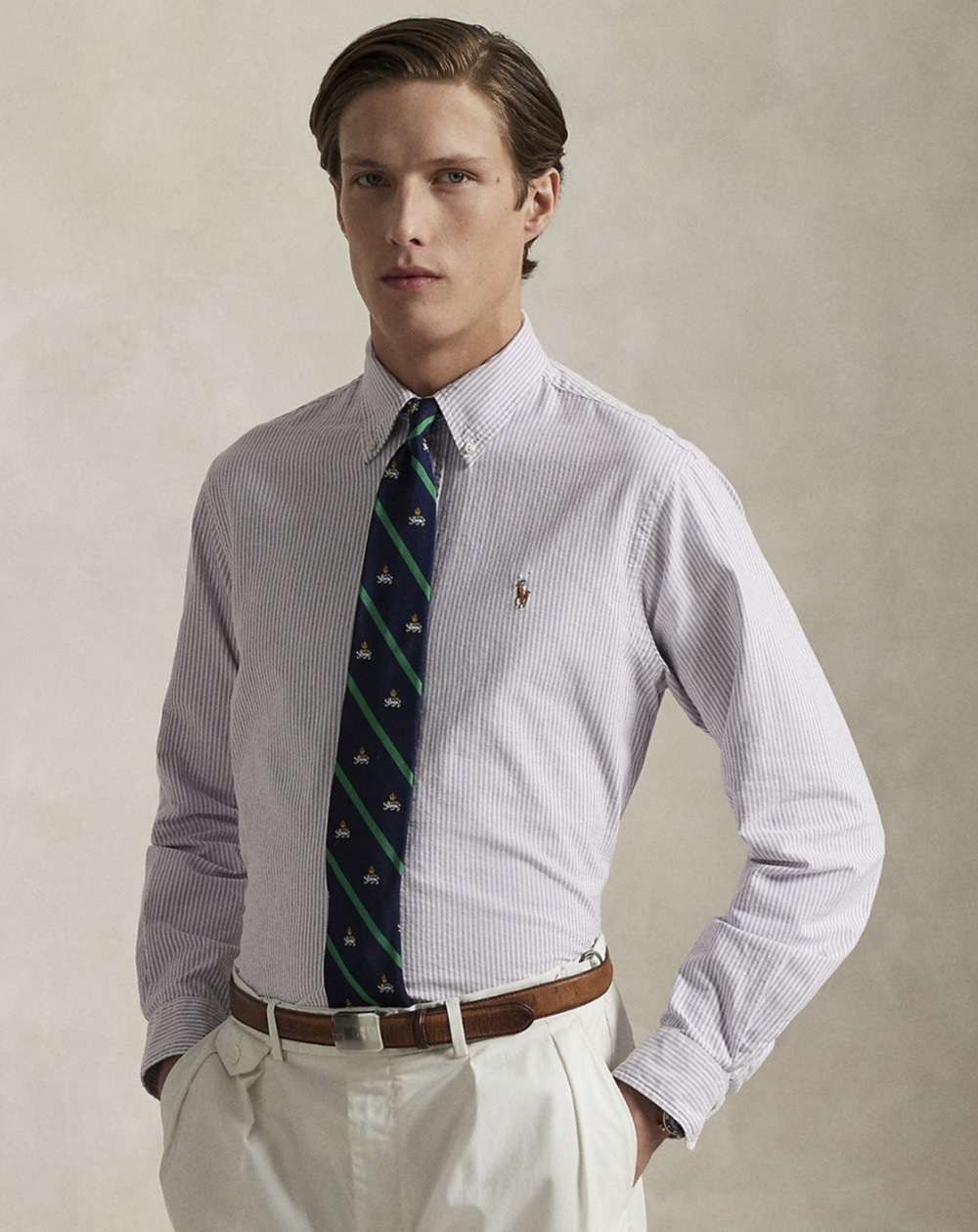Polo Ralph Lauren Men Classic Fit Striped Oxford Shirt Thistle/White Size L